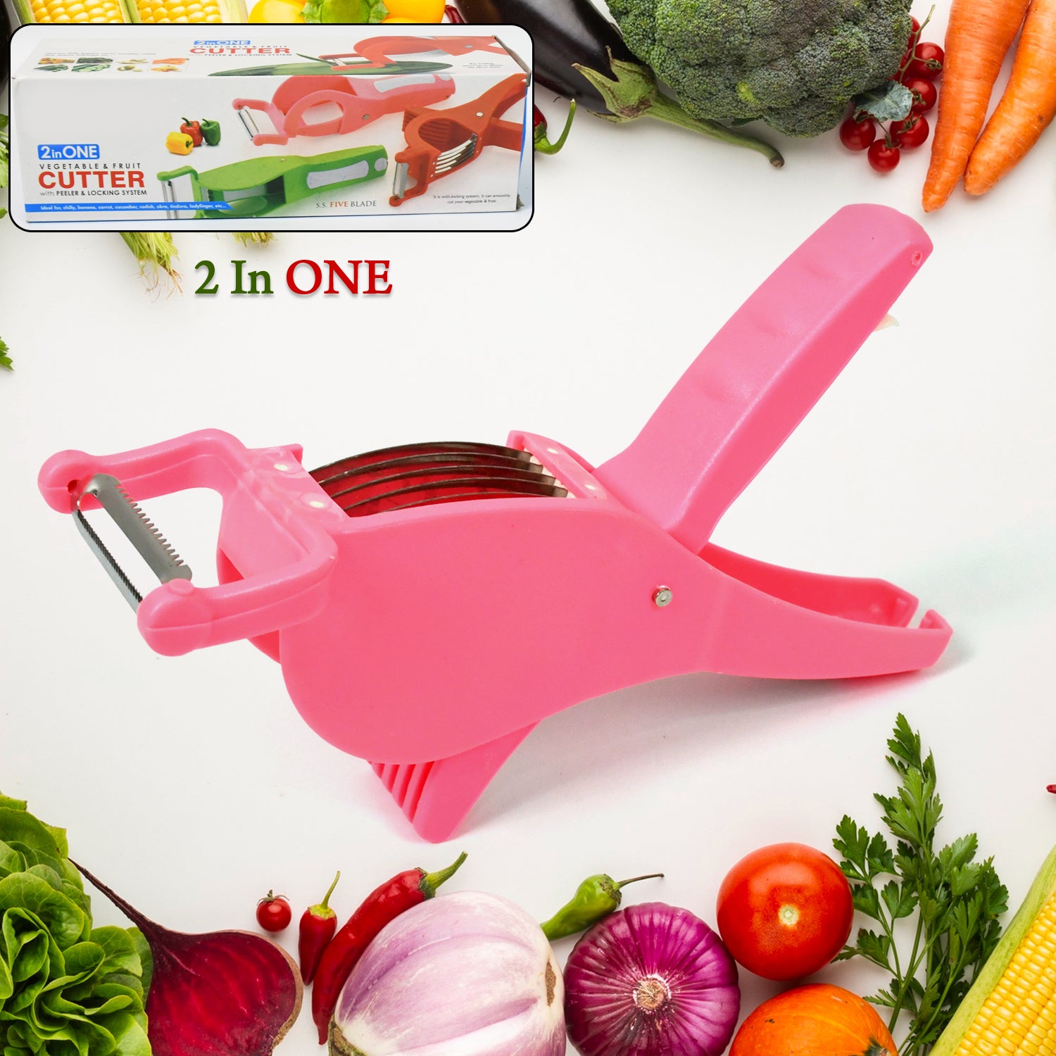 Plastic 2 In 1 Vegetable  Fruit Multi Cutter 5 Blade Vegetable Cutter With Peeler (1 Pc  Multicolor) Plastic 2 In 1 Vegetable  Fruit Multi Cutter 5 Blade Vegetable Cutter With Peeler (1 Pc  Multicolor)